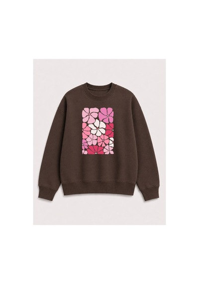 Herkesemoda Renkli Çiçekler Baskılı 2 İplik Şardonlu Bisiklet Yaka Sweatshirt Kahverengi
