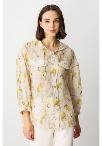 On Oversize Kapüşonlu Çiçekli Kadın Gömlek - Minimalist Stil - 3/4 Kol Asit