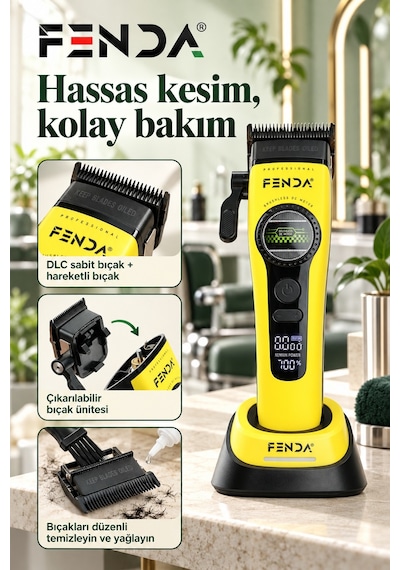 Fenda Profesyonel Bldc Motor 8000 Rpm Saç Kesme Makinesi Sarı
