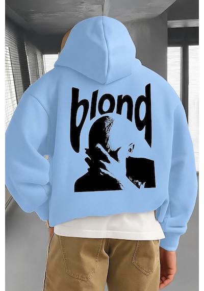 Benroma 3 İplik Penye Blond Baskılı Ünisex Kapüşonlu Sweat Bebe Mavisi
