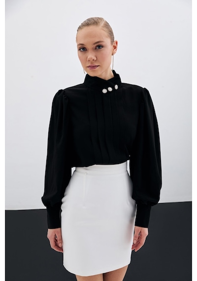 Sateen Nervür Detaylı Bluz - Siyah-135421 Siyah