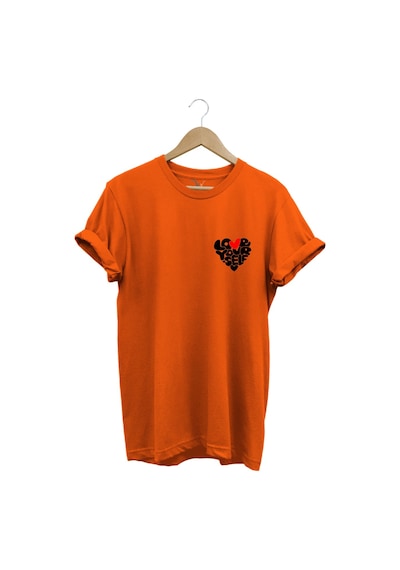 Love Yourself Kalp Tipografi Baskılı %100 Pamuk Unisex Regular Fit T-shirt Turuncu