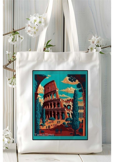 Art Hediye Colosseum Baskılı Bez Çanta Omuz Çantası Kişiye Özel Desen 2 Çok Renkli