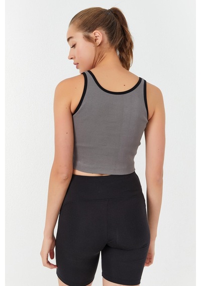 Tommy Life Gri Basic Sıfır Kol Dar Kalıp U Yaka Kadın Crop Top Atlet - 97162 Gri