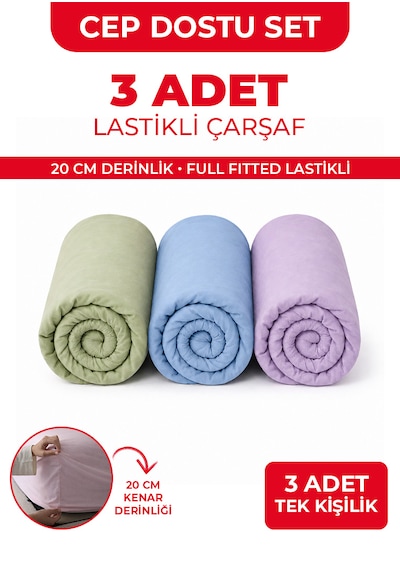 3 Adet Tek Kişilik Lastikli Çarşaf - 100x200cm - Mavi/yeşil/lila - Ranforce Çok Renkli