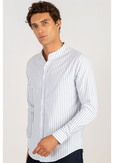 Tudors Slim Fit Uzun Kol Çizgili Hakim Yaka Erkek Gömlek-24977 Beyaz