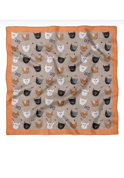 Mınjuanrong Kedi Desenli 50x50 Kare Kadın Fular Ve Çanta Aksesuarı Bej - Turuncu