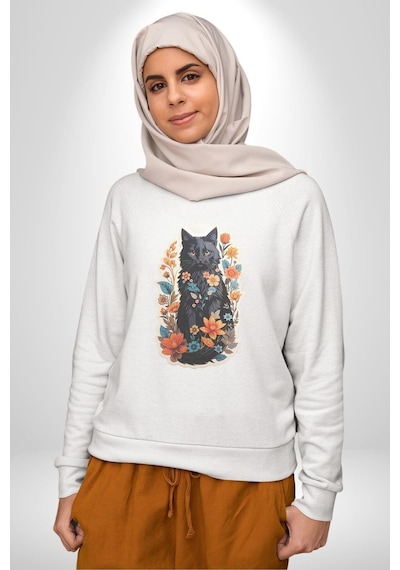 Çiçekli Siyah Kedi Etiket Unisex Beyaz Baskılı Sweatshirt Beyaz