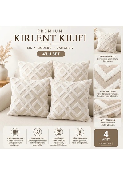 Premium Kırlent Kılıfı 4'lü Set 43x43 Cm Geometrik Krem-beyaz