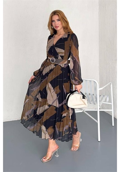 Neşeli Butik Kadın Astarlı Midi Boy Şifon Elbise Nbk20301 Kahverengi