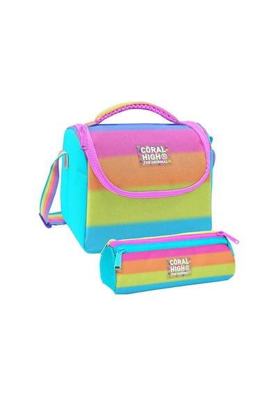 Coral High Kız Çocuk Pembe Turuncu Renk Geçişli Thermo Beslenme Çantası Ve Üç Bölmeli Kalemlik Seti Çok Renkli