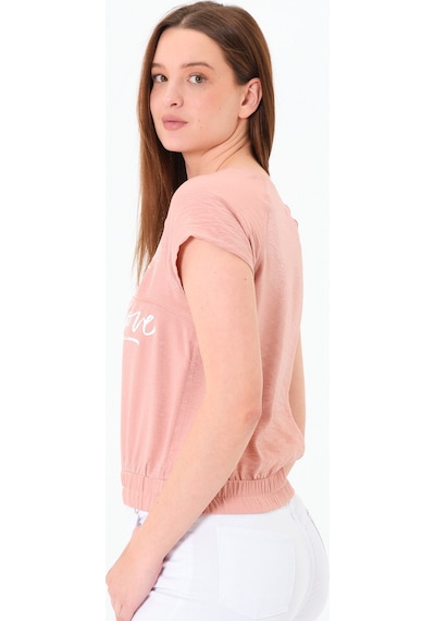 Sortie Collection Reglan Kollu Yazı Baskılı Beli Lastikli Bluz Pembe
