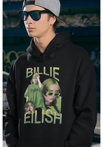 Billie Eilish Baskılı Unisex Oversize Şarkıcı Hoodie Siyah