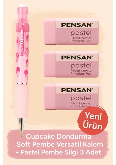 Cupcake 0.7 Versatil Kalem + Pastel Pembe Silgi 3'lü Set Cupcake