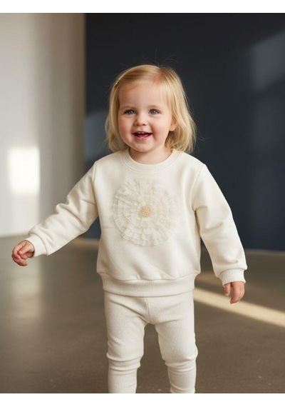 Zekids Kız Bebek Pamuklu Çiçek Detaylı Sweatshirt-16564 Krem