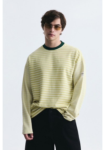 Vamos Kontrast Yaka Çizgili Sweatshirt Ekru-sarı