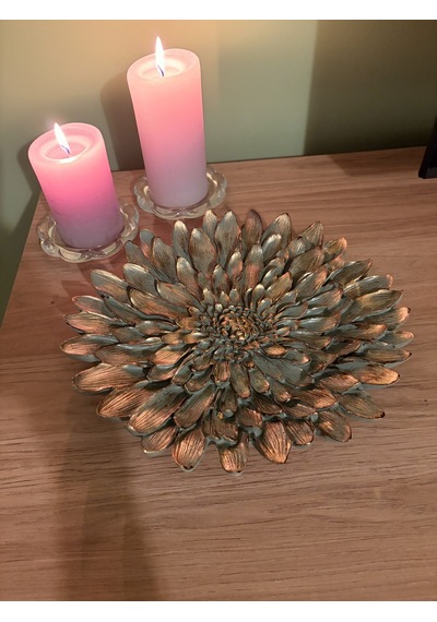 Dekoratif Çiçek Tabak / Sunumluk Haki & Altın Yaldız Eskitme 28 Cm