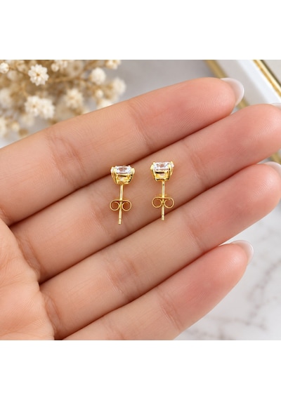 925 Ayar Gümüş 6 Mm Zirkon Taşlı Sarı Gold Kaplama Kadın Küpe Altın - Gümüş