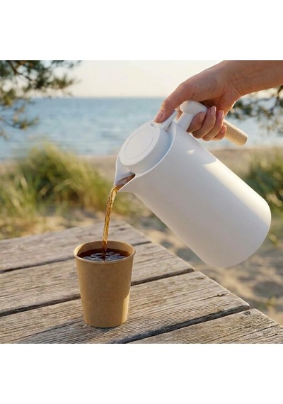 Tr Termos Bambu Saplı Dışı Plastik İçi Cam 1 Litre Beyaz Genel