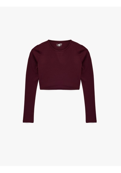 Koton Slim Fit Uzun Kollu Bisiklet Yaka Crop Spor Tişört Bordo 6wak10208nk Bordo