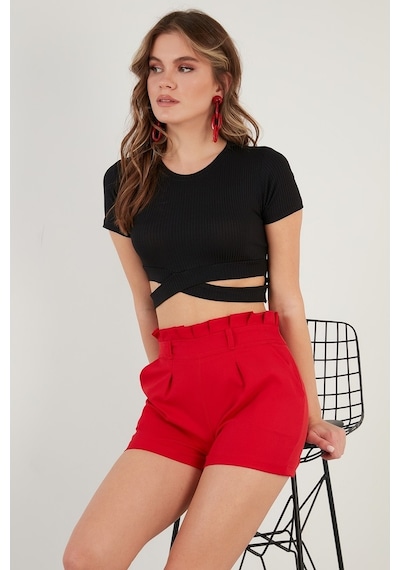Lela Fitilli Bel Detaylı Kısa Kollu Dar Kesim Crop Bayan Bluz 5864211 Siyah