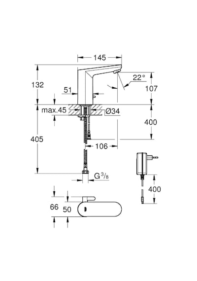 Grohe 36325002 Eurosmart Cosmopolitan E Fotoselli Lavabo Bataryası 1 2" Çift Su Girişli Ayarlanabilir Sıcaklık Sınırlayıcısı