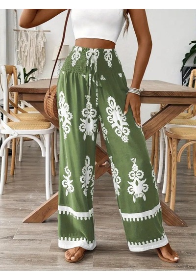 Soonaksesuar Kadın Yüksek Bel Büzgülü Etnik Desen Baskılı Süprem Pantolon Altın