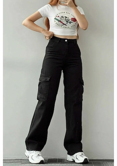 Lavajeans Dora Kadın Siyah Solmaz Likralı Arka Cepsiz Model Kargo Lavajeans Pantolon Siyah P1 Siyah