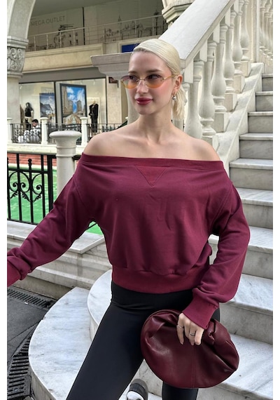 Madmext Bordo Kayık Yaka Kadın Sweatshirt Mg2239 Bordo