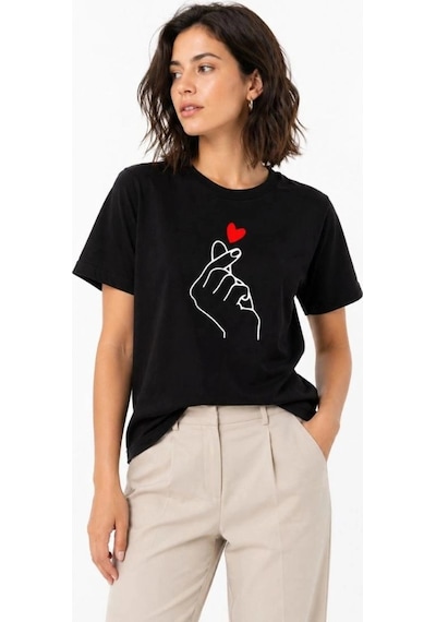 Freedom Storee Kadın Kore Parmak Kalp Aşk Temalı Minimal Baskılı Tişört Yazlık Kısa Kol T-shirt - Siyah Çok Renkli