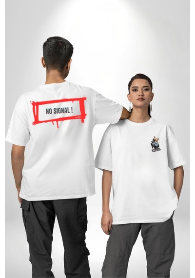 Cep Telefonu No Signal Beyaz Oversize Unisex Ön Ve Sırt Baskılı Tişört Beyaz