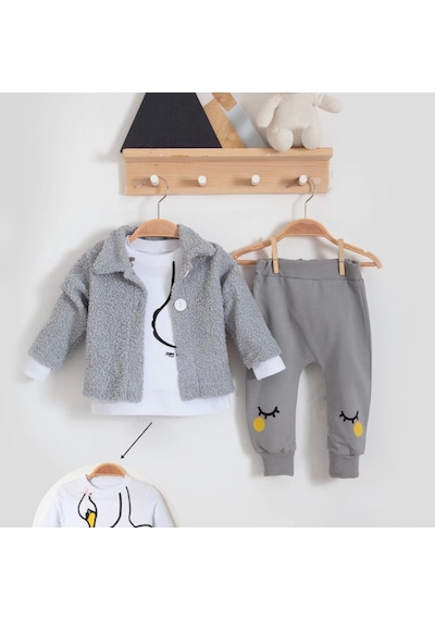 Candar 3-18 Ay Kız Bebek Takımı Peluş Hırkalı 3 Lü Gri Gri