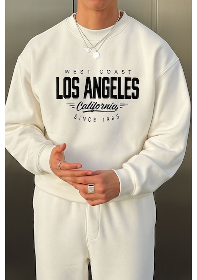 Benroma 3 İplik Penye Los Angeles Baskılı Unisex Sweatshırt Beyaz