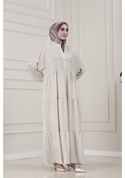 Sevitli Lilyum Kumaş Robalı Katya Elbise-bej-5816