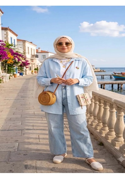 Mirve Butik Nakış Detaylı Uzun Gömlek Bebek Mavisi