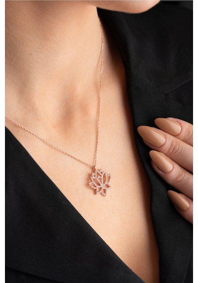 Nereze 925 Ayar Gümüş Zirkon Taşlı Rose Kaplama Lotus Çiçeği Tasarım Kolye