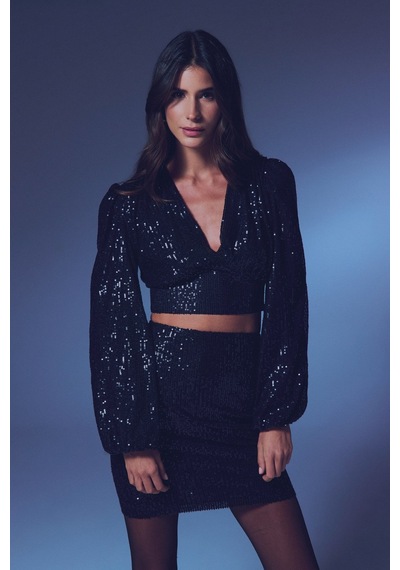Sateen Kruvaze Payetli Crop Bluz - Siyah