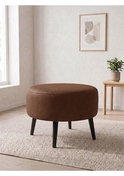 Modern Acı Kahve Deri Puf Yuvarlak Oturma Pufu Ahşap Siyah Ayaklı Demonte 60x46 Cm Kahverengi