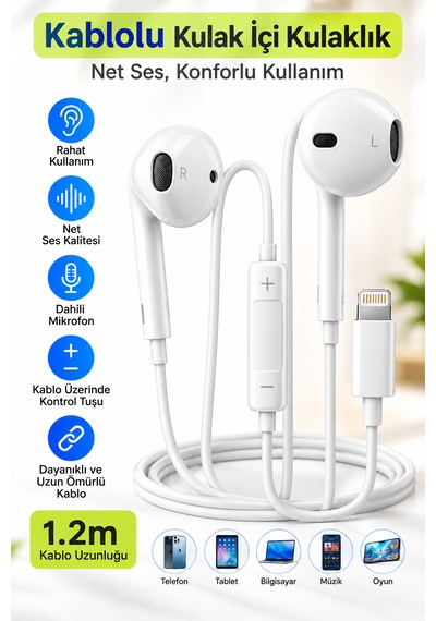 Lightning Kablolu Kulak İçi Kulaklık Mikrofonlu, Ses Kontrollü, Çağrı Destekli, 1.2 Metre Kablo, İphone Uyumlu Kablolu Kulaklık