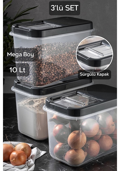Meleni Home 3'lü 10 Lt Mega Boy Mutfak Düzenleyici Erzak Un Saklama Kabı - Kayar Kapaklı Saklama Kutusu Antrasit Çok Renkli