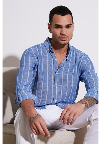 Buratti Pamuklu Çizgili Regular Fit Düğmeli Yaka Erkek Gömlek Cf21S112480 Saks-Beyaz