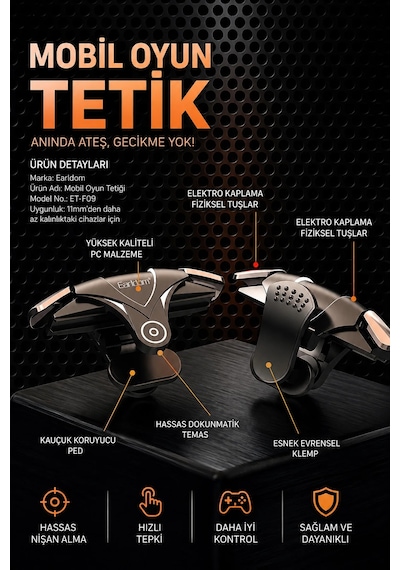 Exenar - Gri - Telefon Tetik Tuşu Oyun Tetiği Gamer Oyun Konsolu Pubg Vs Çeşitli Oyunlarla Uyum 2 Li Set