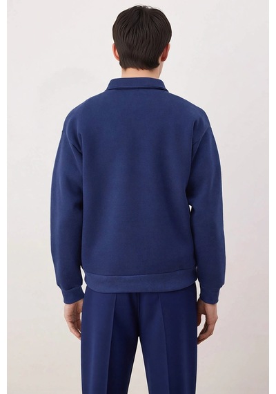 Benerly Erkek Polo Yaka Standart Kol Oversize Kalıp Sweatshirt Fonksiyone Lacivert