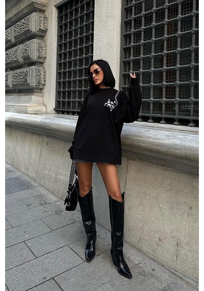 Kadın Siyah Dokuma Oversize Uzun Kollu Sweatshirt Siyah