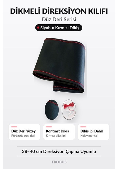 Trobus Ford Focus 2019-2023 Uyumlu Dikmeli Direksiyon Kılıfı Düz Deri Siyah Kırmızı Dikiş