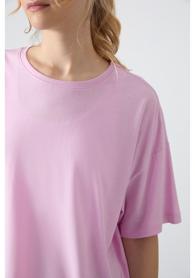 Tommy Life Pembe Penye Modal Yumuşak Tuşeli Oversize Fit Basic Kadın T-shirt- 97285 Pembe