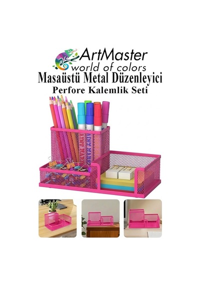 Pembe Masaüstü Metal Kalemlik Seti 3 Lü Kombo 1 Paket Fileli Perfore Renkli Kalemlik Kağıtlık Küpnotluk Düzenleyici Pembe