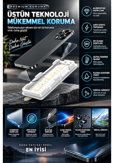 İphone 17 Pro Max Uyumlu Premium Alüminyum Safir Cam Ekran Koruyucu 9h Sertlik & Kolay Uygulama Kiti