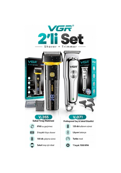 Tıraş Makinesi V-071 & V-355 - 7000 Rpm T-bıçak Trimmer Ipx6 Folyo - 2'li Berber Seti