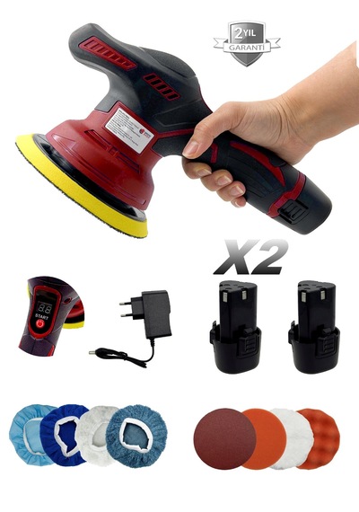 Moonshop PMK006 Çift Akülü Orbital 128DXV Lityum 2X Batarya 6 Devir Ayarlı Detay Pasta Cila Zımpara Polisaj Makinesi